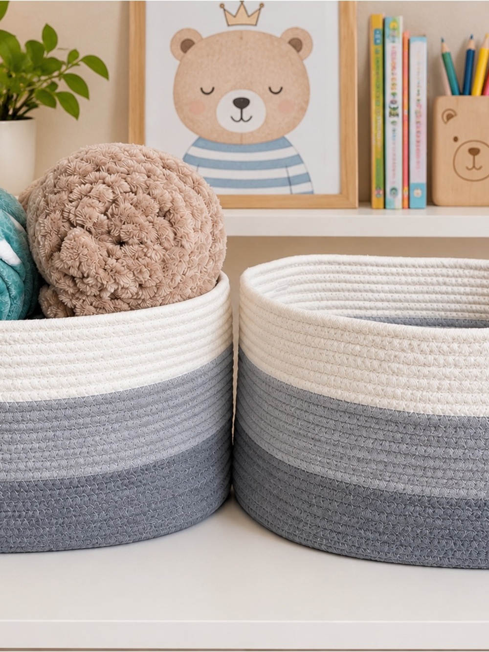 Neutral Gray & White Cotton Rope Storage Baskets - Home Accents